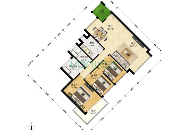 万科第五园八期 3室2厅2卫 89㎡ 户型